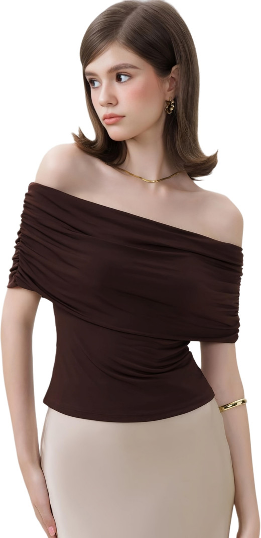 SIGHTBOMB Formal Off Shoulder Sleeve Solid Women Brown Top view 1
