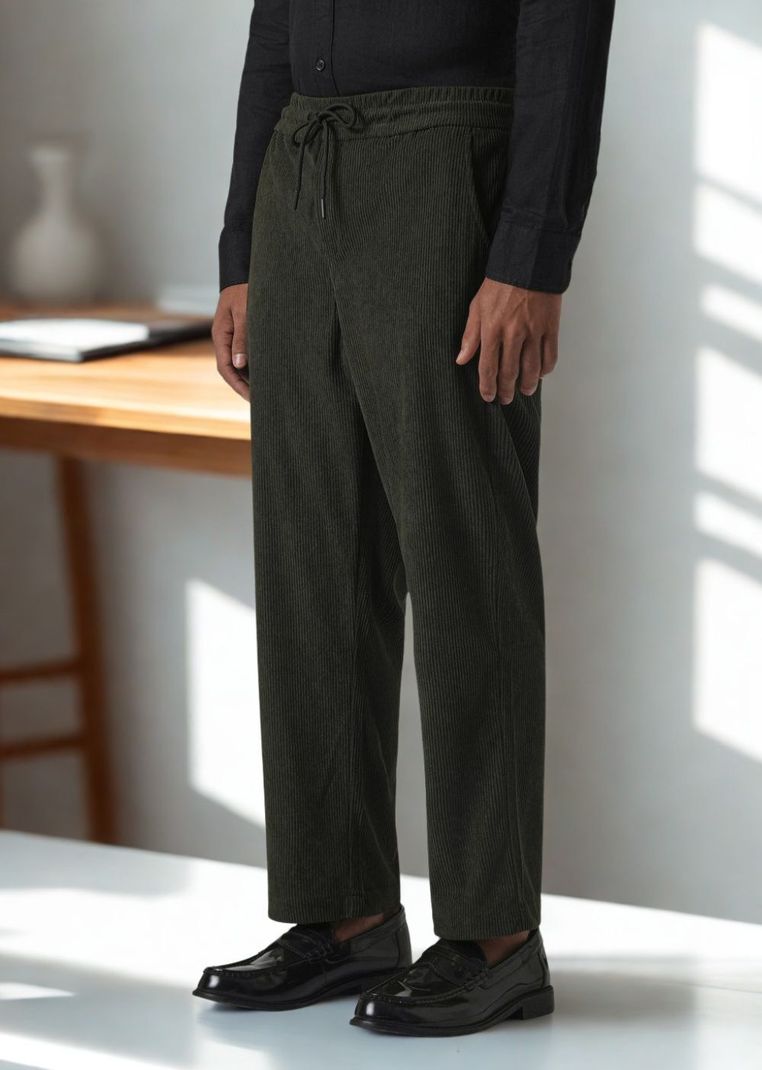 INDICLUB Men Dark Green Corduroy Trousers - Image 5