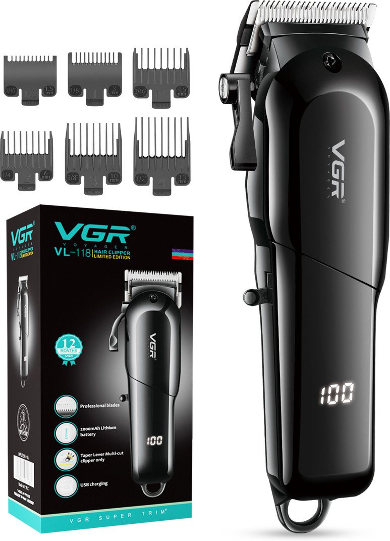 VGR V-118 Professional Hair Clipper with LED Display Trimmer 200 min Runtime 6 Length Settings Black