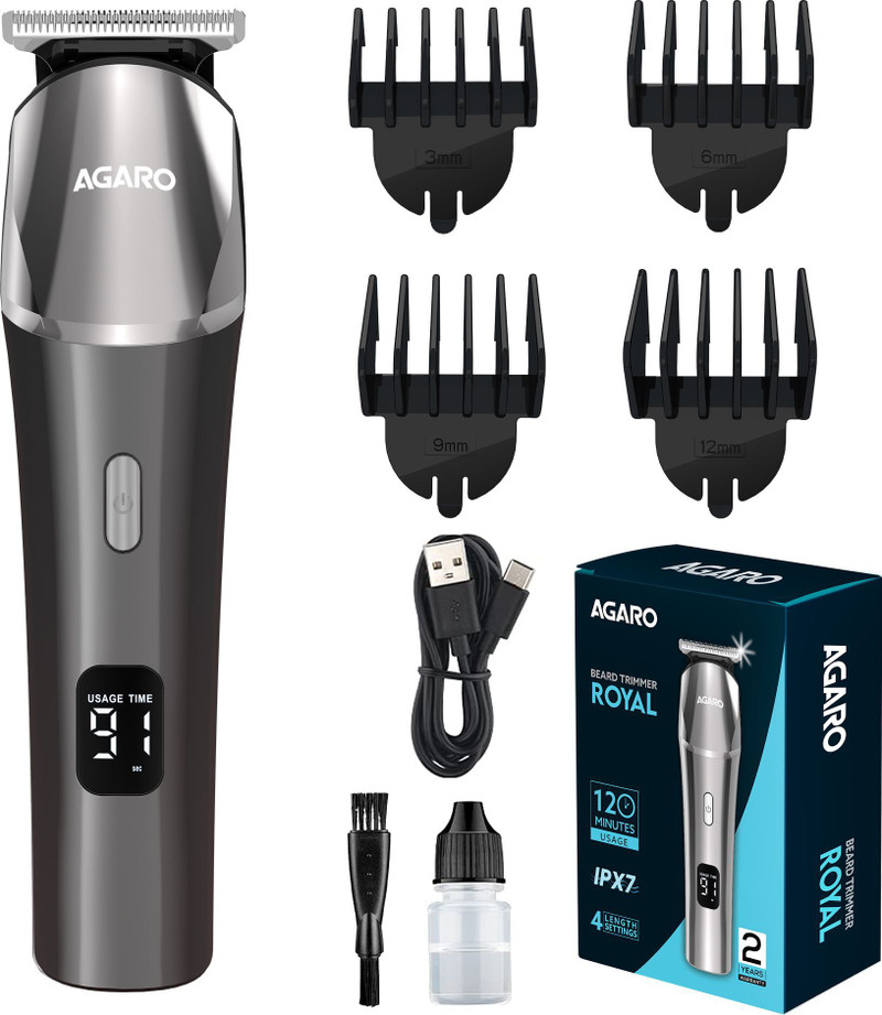 AGARO Royal Beard Trimmer For Men, High Precison Trimming, Cordless, Trimmer 120 min  Runtime 4 Length Settings (Silver)