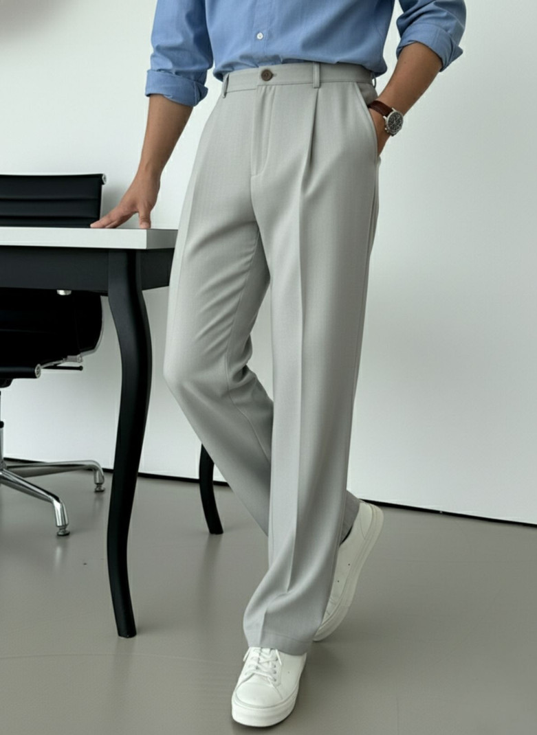 indiclub men relaxed silver polycotton trousers