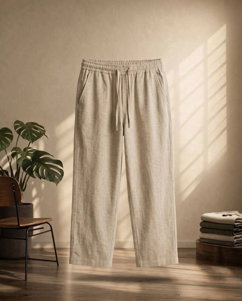 nop Men Regular Fit Beige Linen Trousers - Image 2