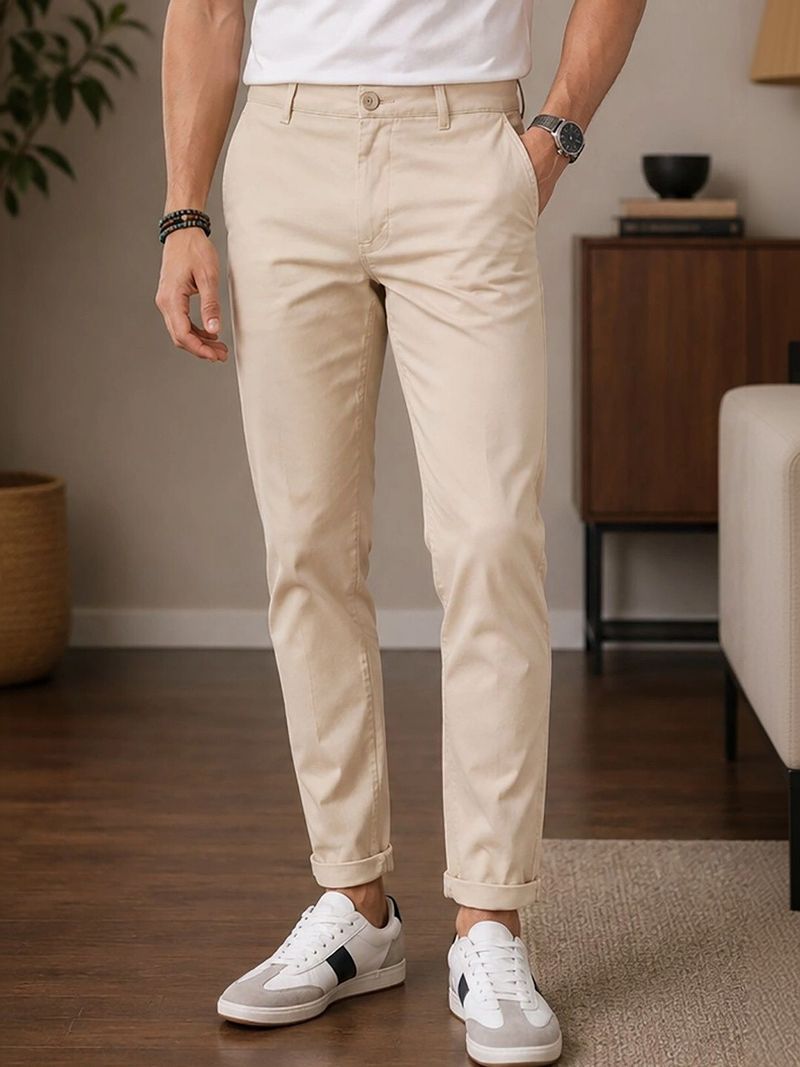 XENOR Men Slim Fit Beige Cotton Trousers - Image 2
