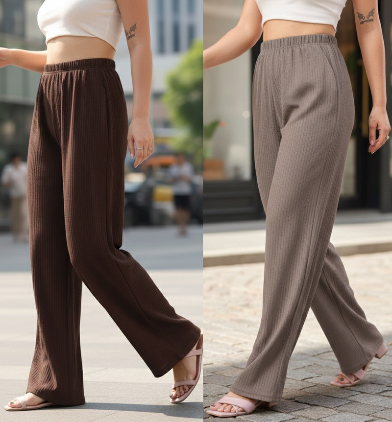 Doil Domec Pack of 2 Women Loose Fit Black, Brown Viscose Rayon Trousers