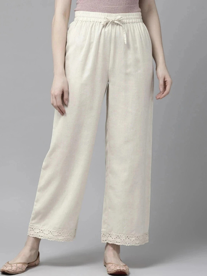 Women Regular Fit White Pure Cotton Trousers