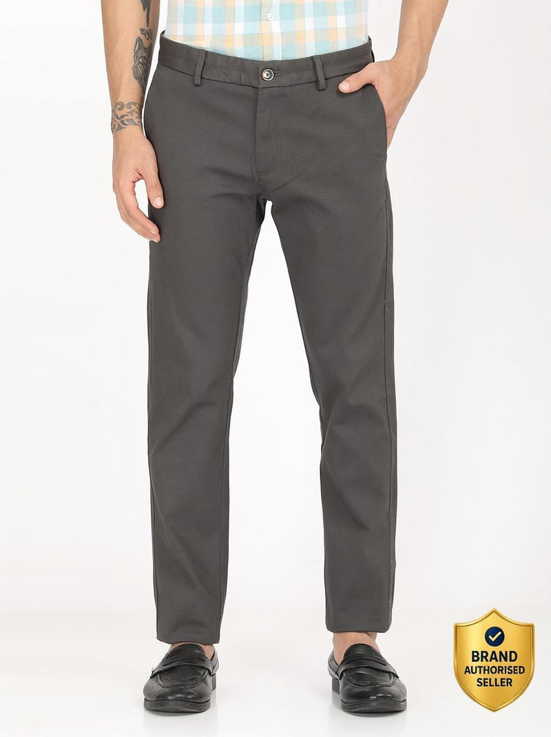 Men Slim Fit Grey Cotton Blend Trousers