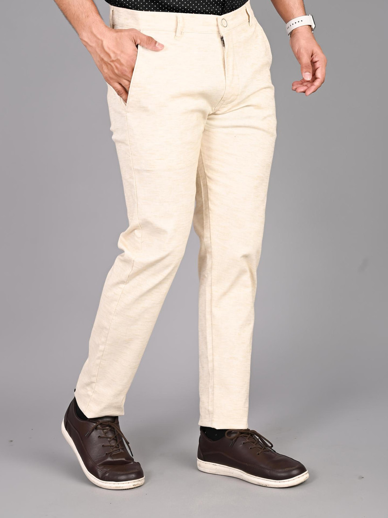 Men Slim Fit Cream Cotton Blend Trousers