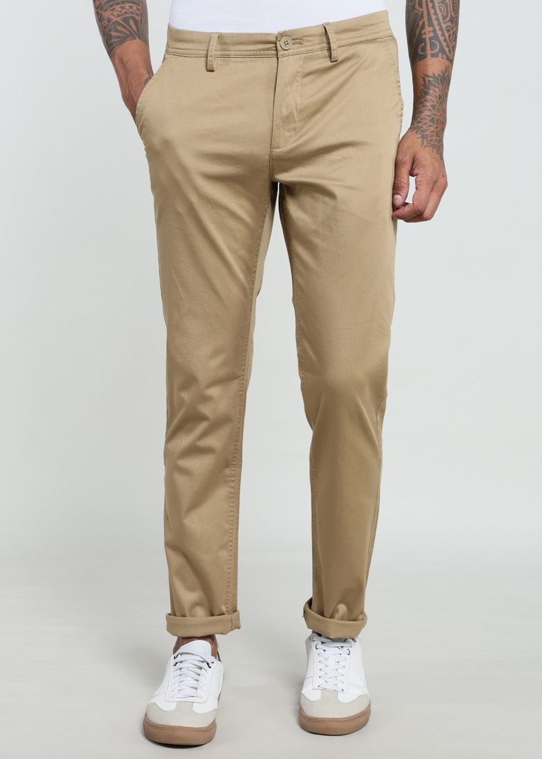 Men Relaxed Khaki Pure Cotton Trousers
