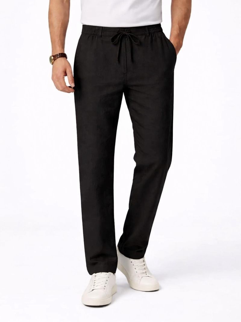 M Q Denim Men Black Pure Linen Trousers - Image 2