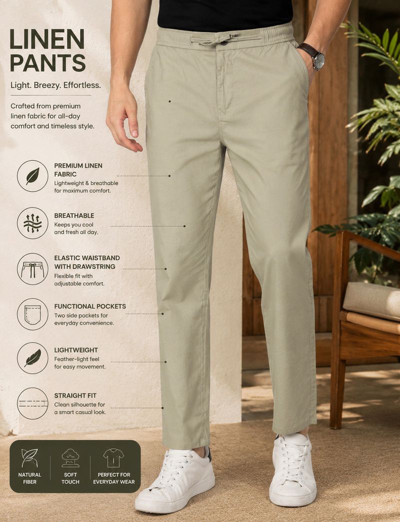 FUBAR Men Slim Fit Light Green Linen Trousers - Image 4