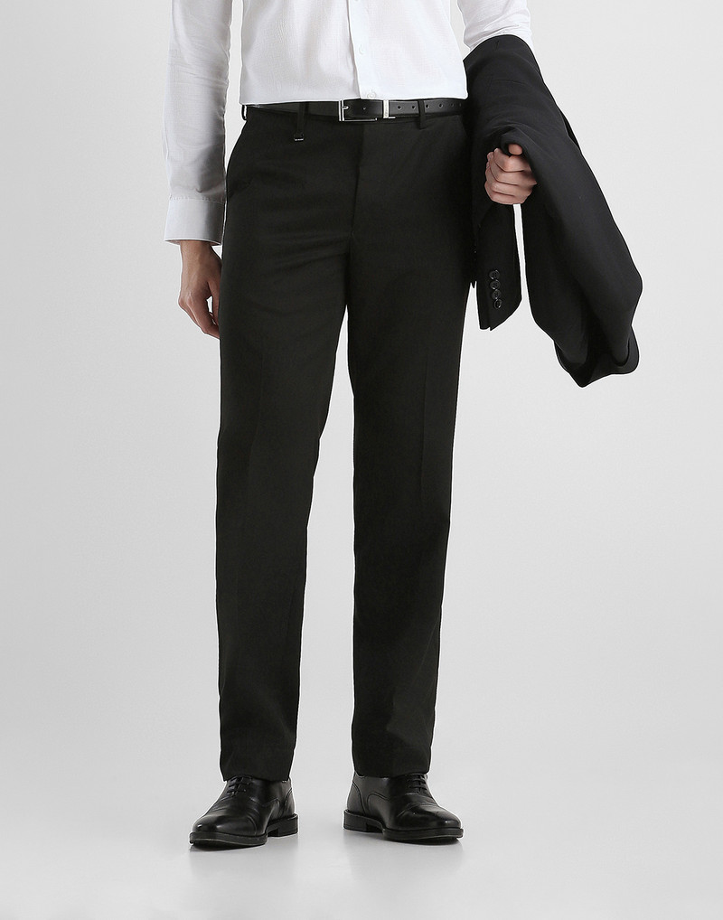 Men Slim Fit Black Polyester Trousers