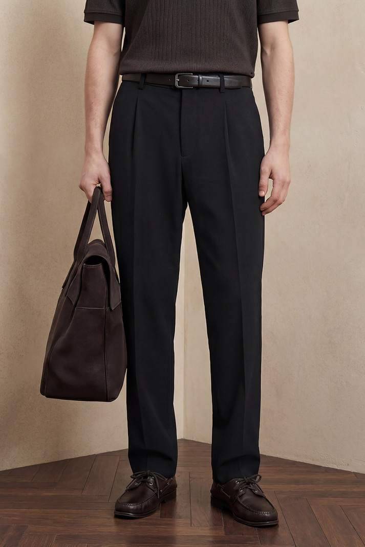 Men Tapered Black Polyester Trousers