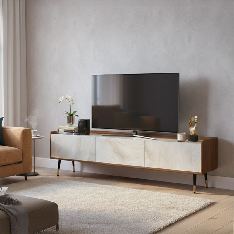 KIK Casper Engineered Wood TV Entertainment Unit Finish Color - Leon Teak & Marble, Knock Down