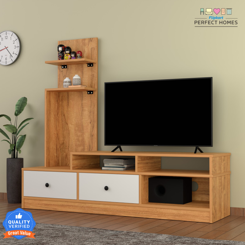 Flipkart Perfect Homes Sirena Engineered Wood TV Entertainment Unit Finish Color - Melamine SP Coach Wood & Frosty White SIB, Knock Down