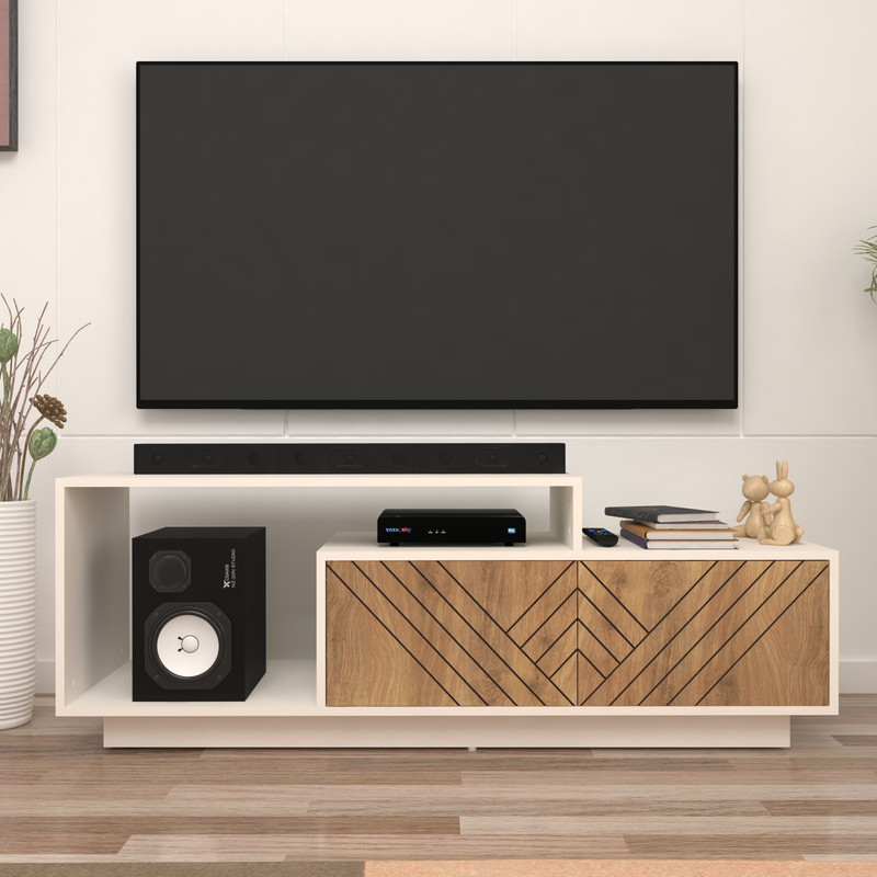 spacesbyU Caspo TV Unit with Designer Shutters | TV Cabinet | Engineered Wood TV Entertainment Unit Finish Color - Wood Oak Light & Frosty White, DIY(