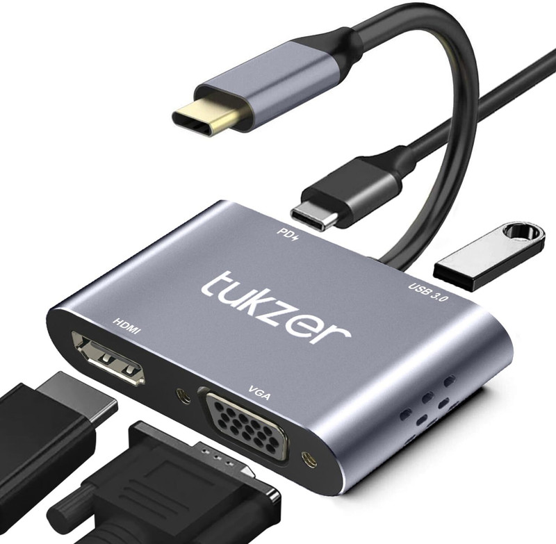 Tukzer RK 4-in-1 Type-C Hub to HDMI 4K@30Hz, VGA 1080P@60Hz, USB 3.0 Data, 100W PD, USB Adapter  (Black, Grey)