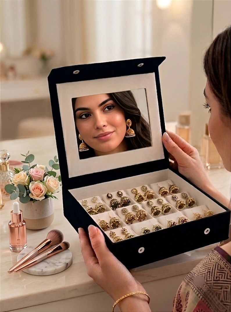 COLMI Foldable Earring Organizer Box with Mirror (Black, 12 Pairs) - Image 6