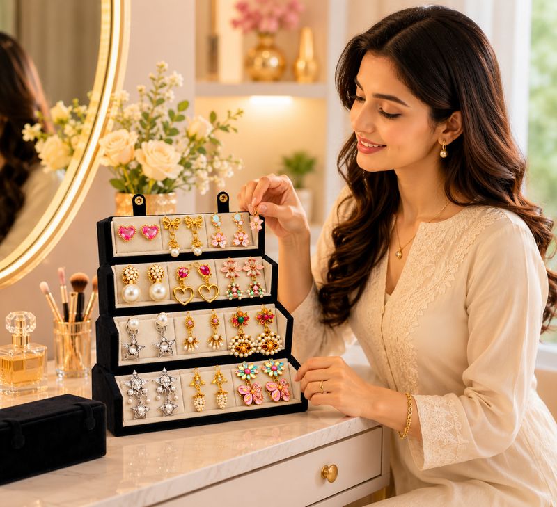 Aurav 16 Pairs Oxidized Silver Jhumka Earrings Set with Velvet Box - Image 5