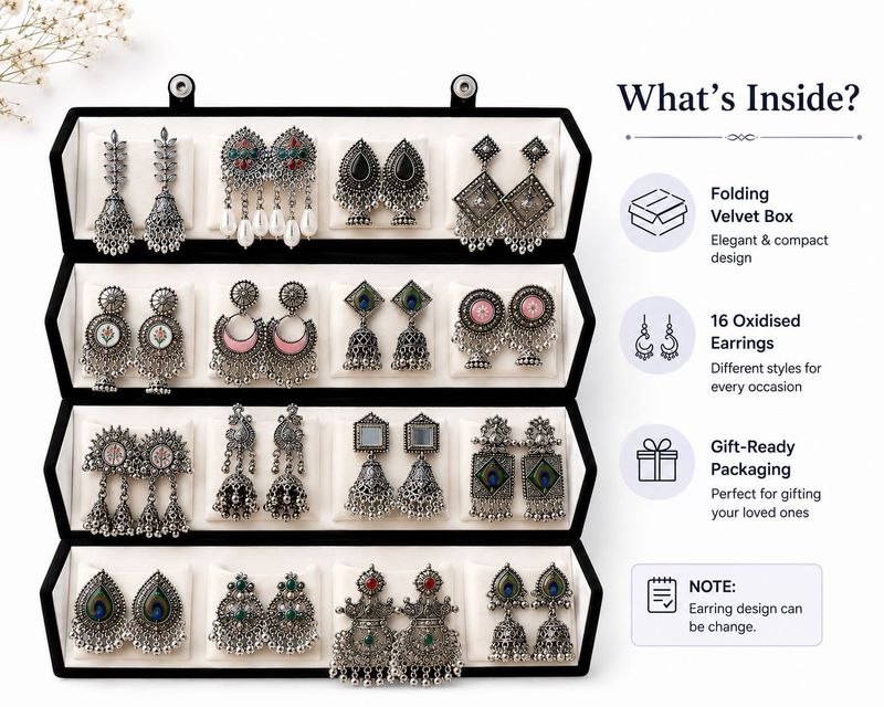 Aurav 16 Pairs Oxidized Silver Jhumka Earrings Set with Velvet Box - Image 3