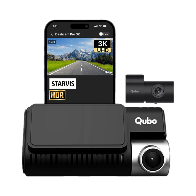 Qubo Smart Dashcam Pro 3K + Rear Dashboard, In-car Camera System (2 Camera, Front: 2592 x 1944p (3K UHD), Rear: 1920 x 1080p (Full HD))