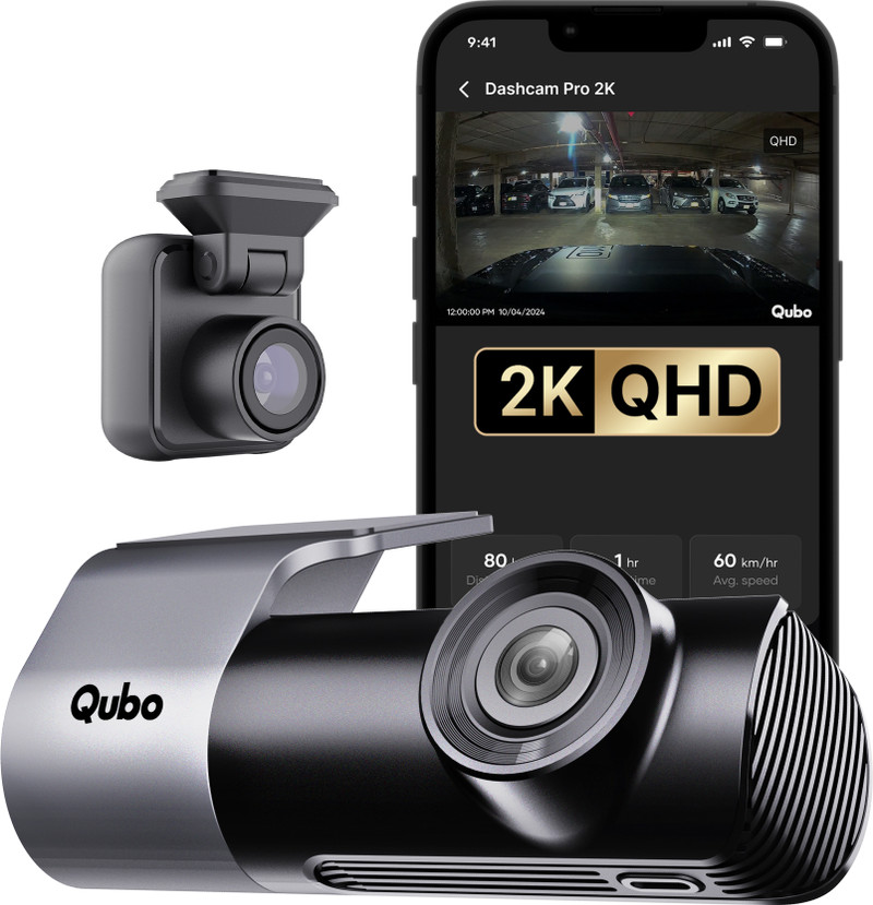 Qubo Smart Dashcam Pro 2k +rear cam Dashboard Camera System 2 Camera, Front 2K, Rear Full HD