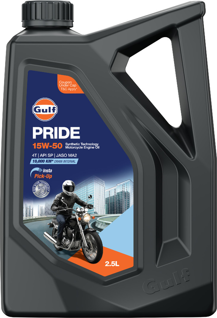 Gulf PRIDE 15W-50 4T API SP, JASO MA2|10 K Km Drain Interval|BS6 & earlier|2 Wheeler Bike 4 Stroke Synthetic Blend Engine Oil 2.5 L