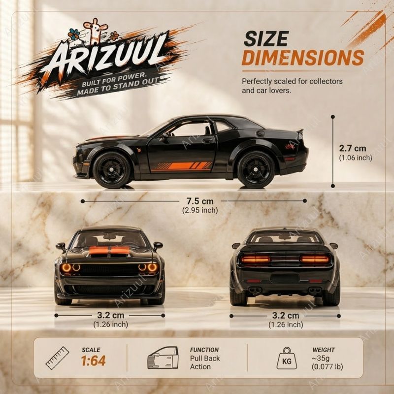 Arizuul 1:64 Dodge Challenger SRT Hellcat Pull Back Diecast Metal - Image 3