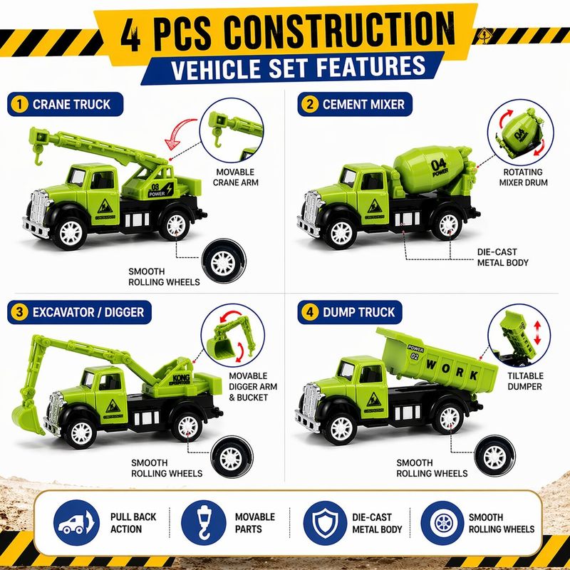 ZUNBELLA Die Cast Metal Construction Pullback Vehicle Toy set (Multicolor, Pack of: 4) - Image 8