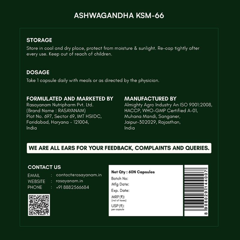 Rasayanam Ashwagandha KSM-66 60 Capsules - Image 5