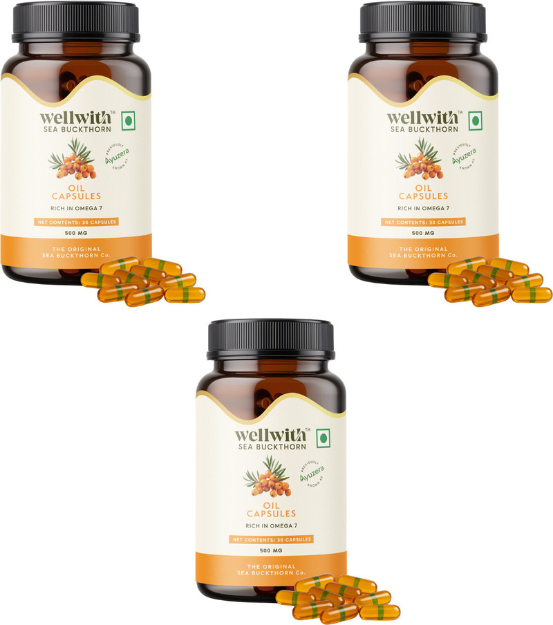 Wellwith Sea Buckthorn Oil Capsules, Omega 3, 6, 7 & 9 For Heart, Skin & Immunity
