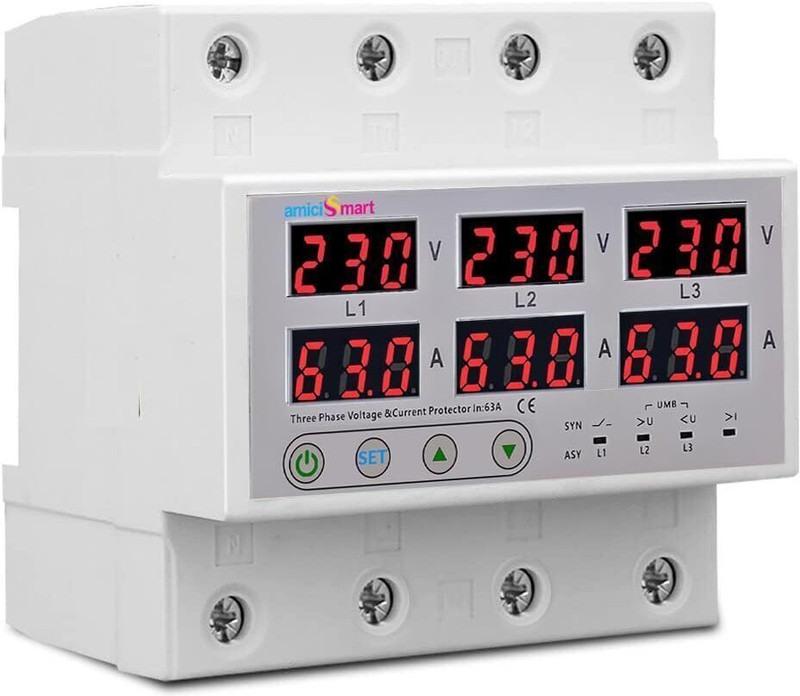 amiciSmart 3-Phase Automatic Over/Under Voltage Protector with Auto-Reconnect Din-Rail Mount 63A 220V Voltage Guard (White)