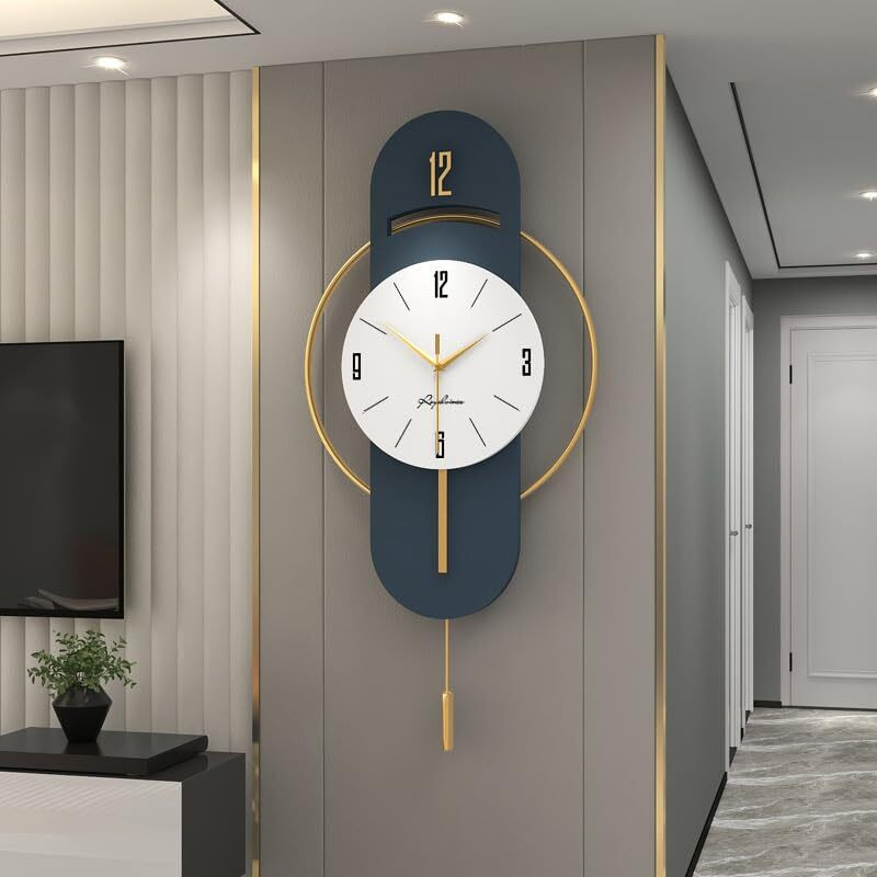Path Appliances Analog 44 cm X 18 cm Wall Clock Gold, White, Blue, Without Glass, Pendulum