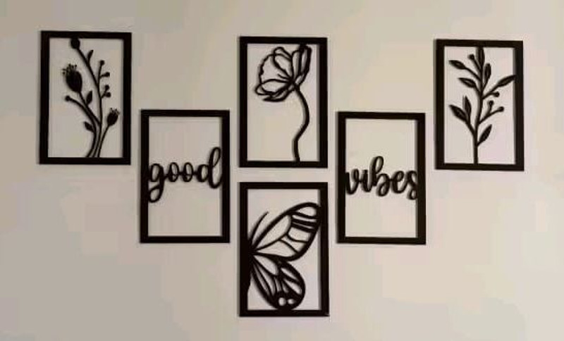 Wooden Wall Decor Hangings Living Room, Bedroom, Kitchen, Office Pack of 6 (12 cm X 8.2 cm, Black)