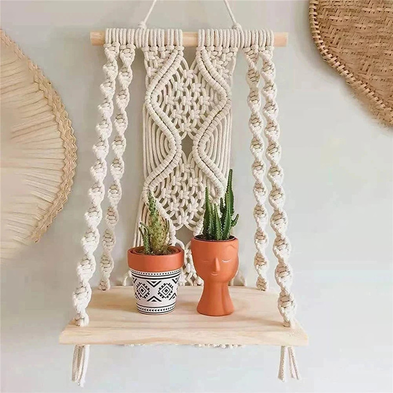 Anish Handicraft Macrame Wall Hanging Shelf Macrame Cotton Floating Shelf Boho Plant Hanger 0 inch X 0 inch, White