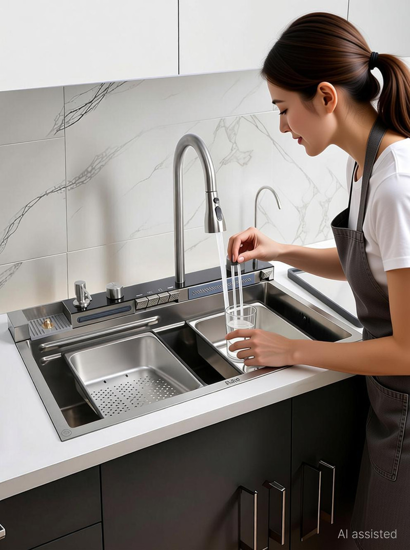 RUHE Piano Silver Kitchen Sink Integrated Waterfall Single Bowl with Digital Display , Pull-Out Faucet and RO Tap| 30x18x9 inches | 304-Grade Stainles