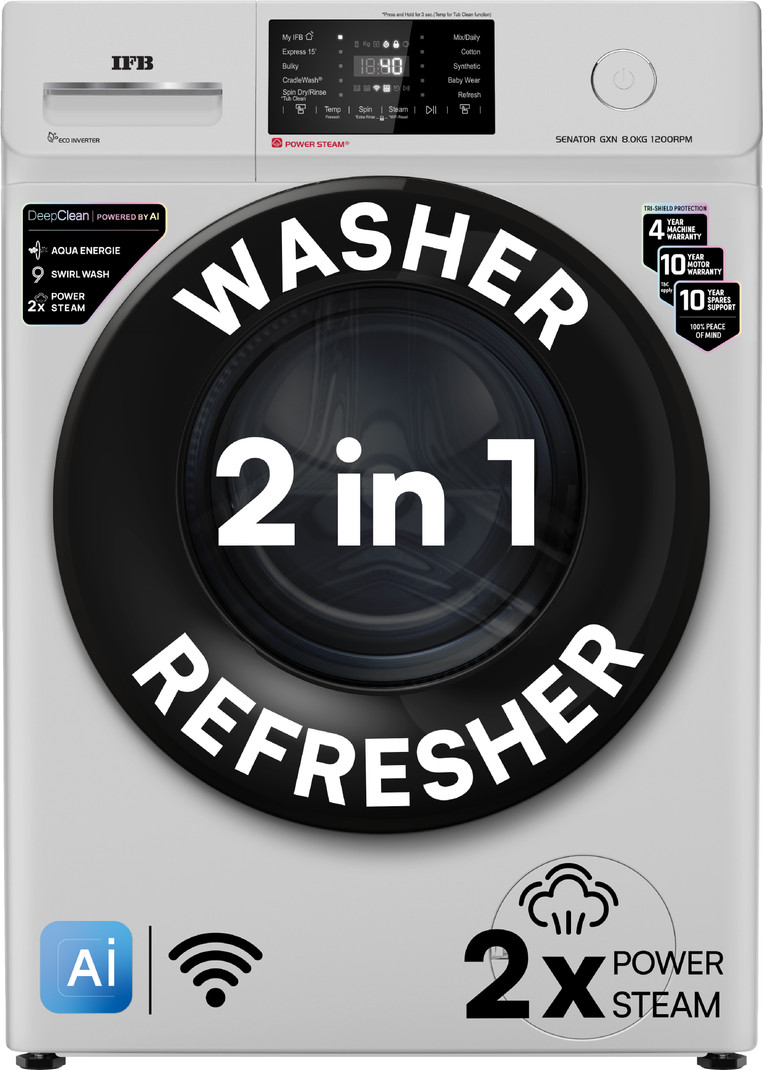IFB 8 kg 5 Star with Steam Refresh program, 9 Swirl Wash, Eco Inverter, Touch Panel with AI Fully Automatic Front Load with In-built Heater White SENA