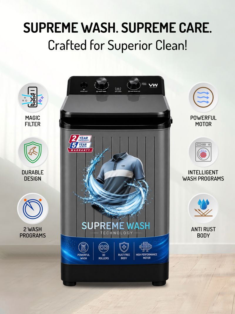 VW 8.5 kg Semi-Automatic Top Load Washer only Grey (V8 SupremeWash) - Image 3