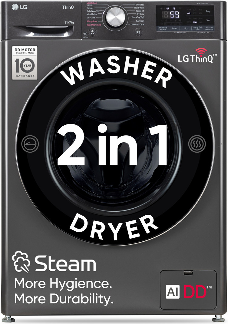 LG 11/7 kg AI Direct Drive Technology, Wi-Fi Enabled , Reduce germs & allergens with steam cycles, TurboWash Ready to Wear Clothes, Optimal wash for d