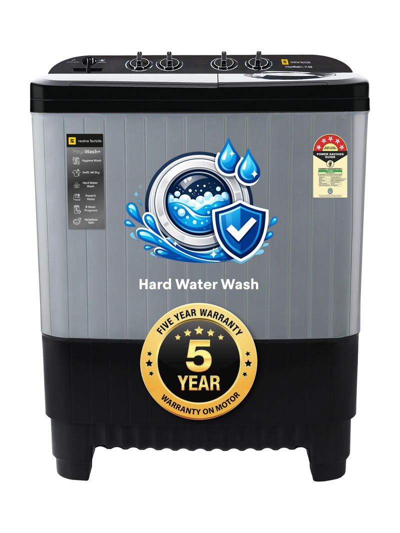 realme TechLife 11 kg with Hard Water Wash Protection and Swift Jet Dry Semi Automatic Top Load Grey (RMSA1105NNNDGR)
