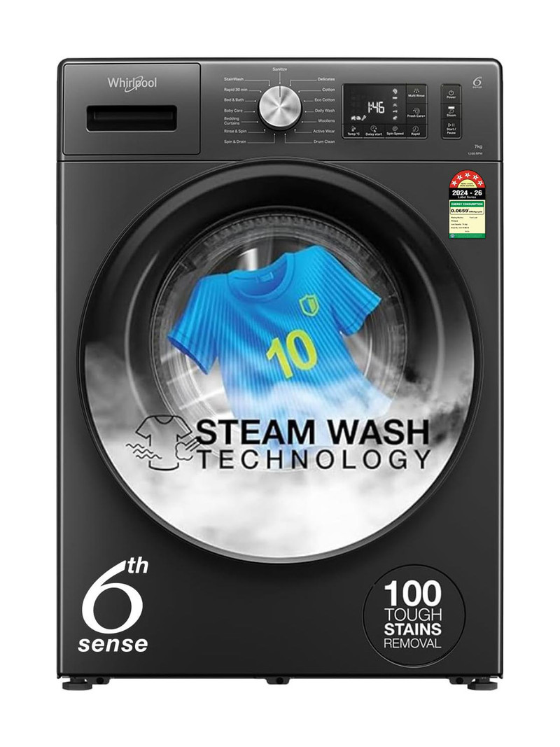 Whirlpool 7 kg 5 Star Inverter 100+ Tough Stains, Steam Technology, Fully Automatic Front Load with In-built Heater Grey SUPREME CARE 7012 -E