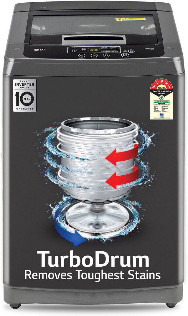 LG 7.5 kg 5 Star with Smart Inverter Technology and TurboDrum Fully Automatic Top Load Washing Machine Grey (T75SKMB1Z)