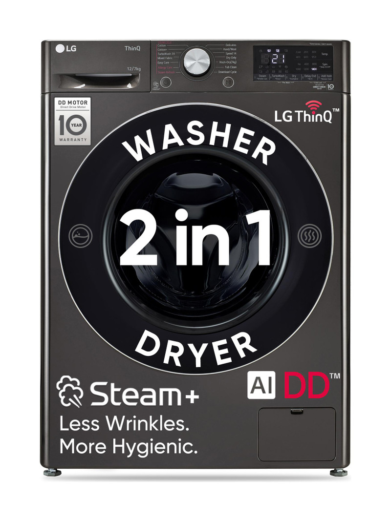 LG 12/7 kg AI Direct Drive Technology, Wi-Fi Enabled , Reduce allergens & wrinkles with Steam+ cycles, TurboWash Ready to Wear Clothes, Optimal wash f