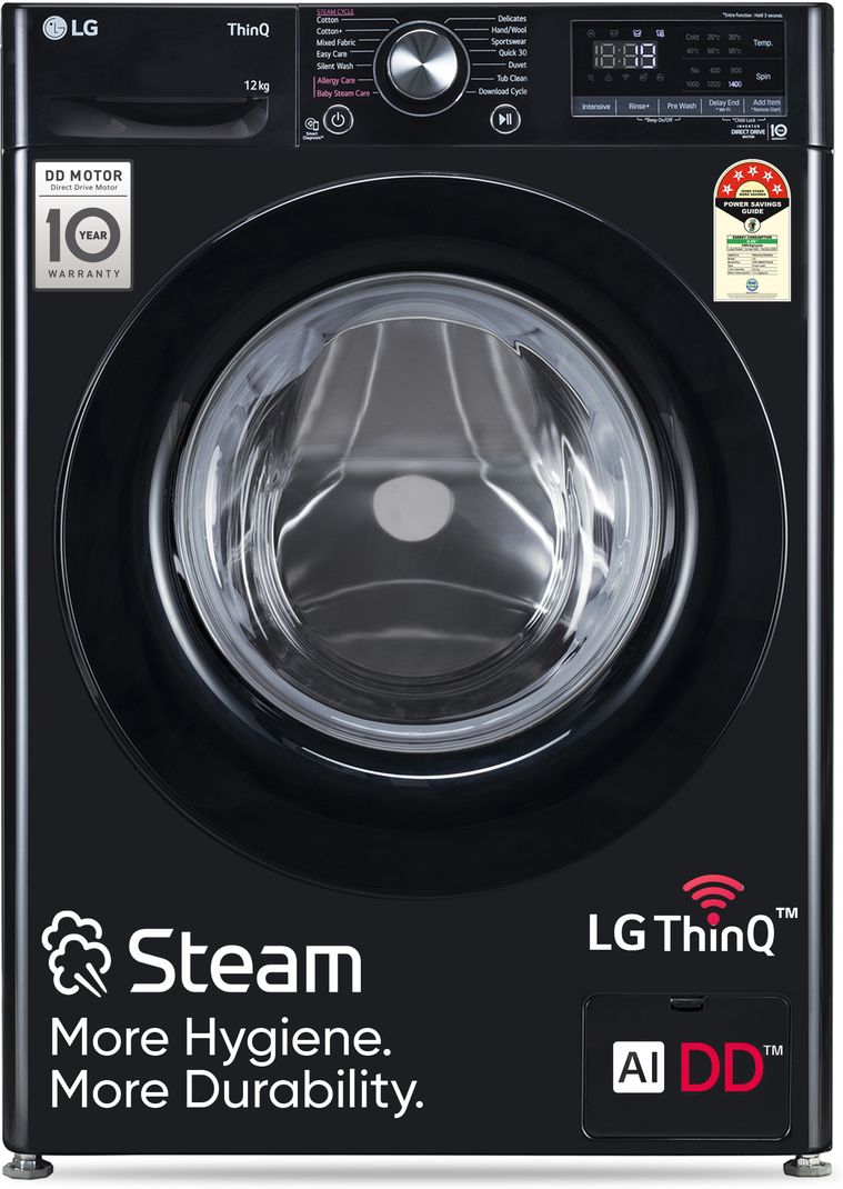 LG 12 kg 5 Star, AI Direct Drive Technology, Wi-Fi Enabled, Steam Wash, Intelligent & Convenient Fabric Care, Allergy Care, Remote Control, In-Built Heater Fully Automatic Front Load with In-built Heater Black (FHP1412Z3O)