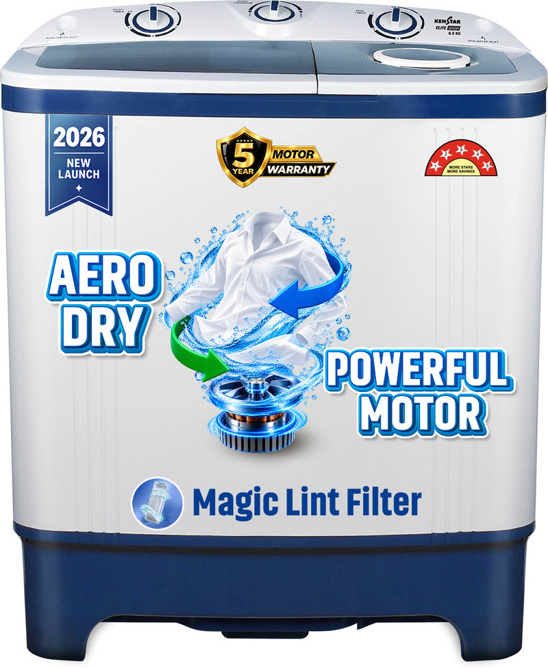 Kenstar 6.5 kg 5Star Rated Energy Efficient Motor With 1350RPM, Aero Dry Function , Magic Lint Filter Semi Automatic Top Load Washing Machine Blue, Wh