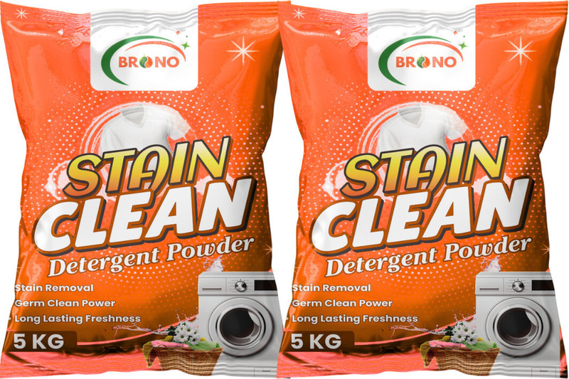 Brono ultra stain clean detergent powder, top/front load washing powder, orange Detergent Powder (Fresh) (10 kg)