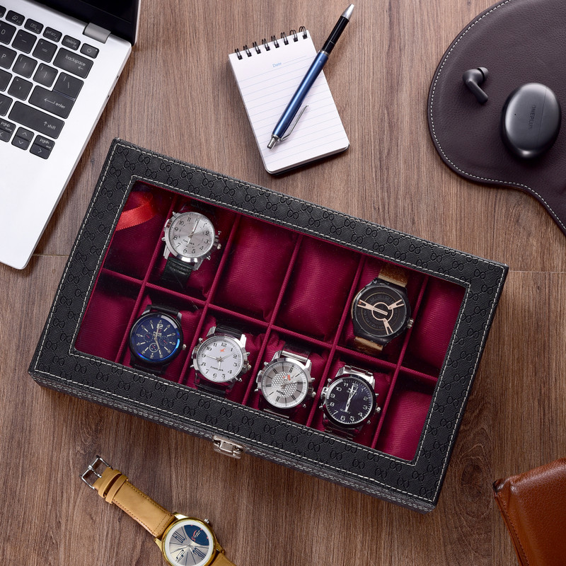 WATCHHUT Special Men's and Women's Watch Box Transparent Organiser Case in Tran Watch Box (Black, CHERRY, Holds 12 Watches)