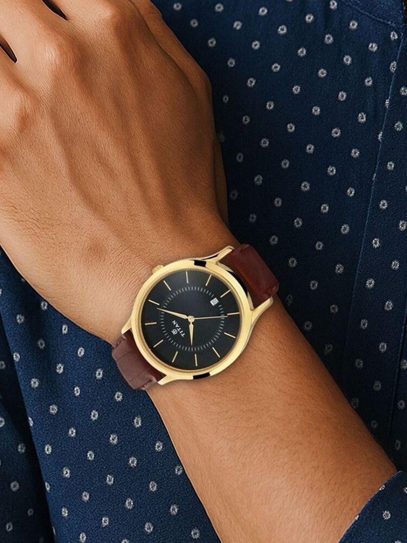 Titan With Date Black Dial Brown Leather Strap Analog Watch - Image 5