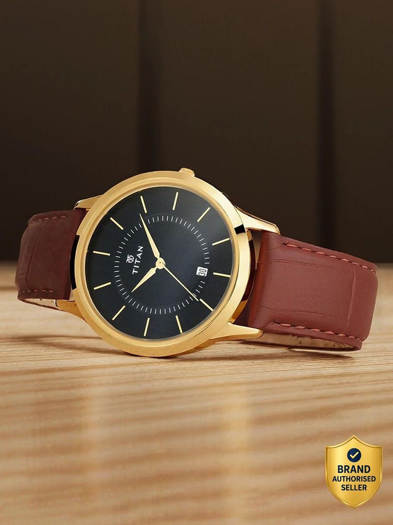 Titan With Date Black Dial Brown Leather Strap Analog Watch - Image 2