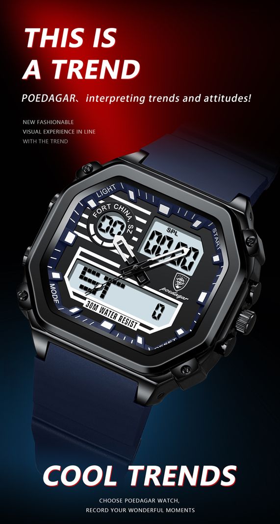 POEDAGAR Analog-Digital Blue Men's Watch - Image 4