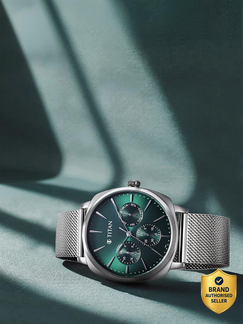 Titan Titan ClaSSique Suave Multifunction Green Dial Silver SS Strap Analog Watch  - For Men NT90189SM01,NU90189SM01